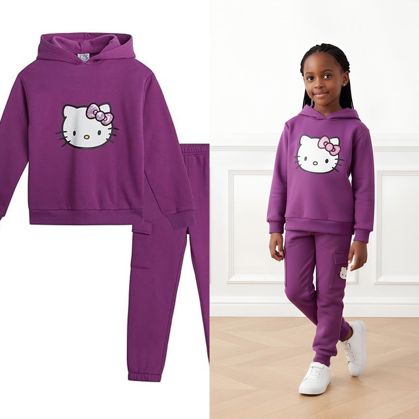 High Quality Hello Kitty Kids Tracksuit | Grey, Pink & Purple | Age: 12M–12Y