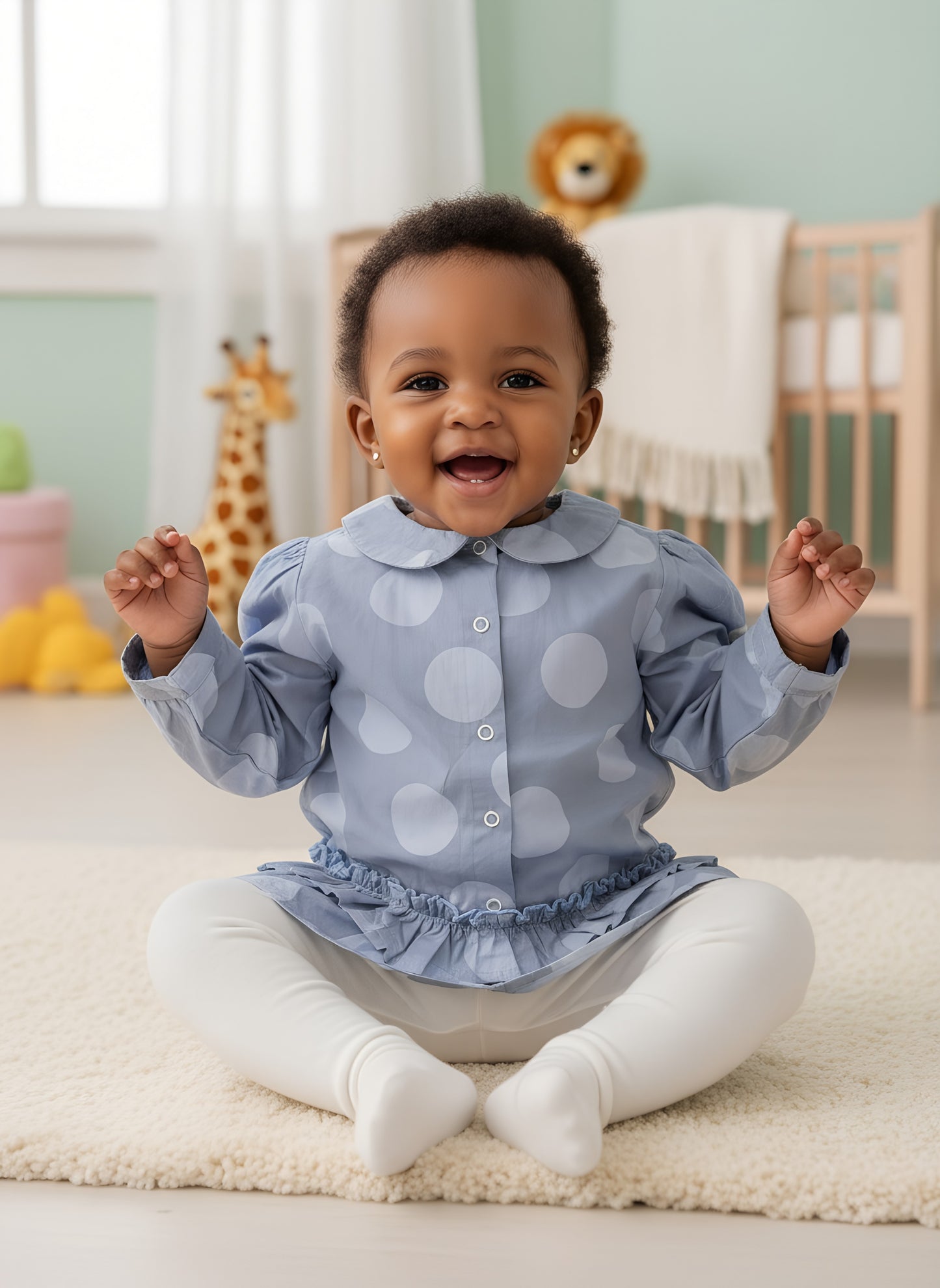 Light Blue with Circle Print Girls Bodysuit Shirt | Soft Cotton | Sizes 0–6m