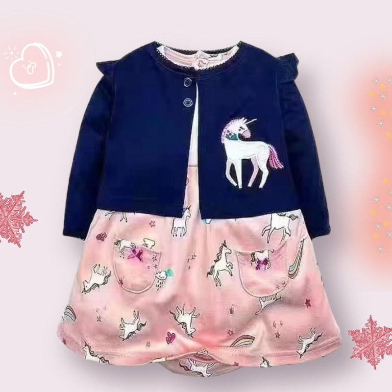 Unicorn & Sunflower Dress Set with Blue Cardigan |2pc Outfit