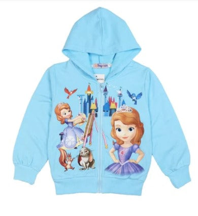 blue Sofia the First themed girlsj acket front side