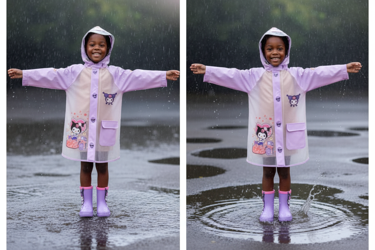 Kuromi Themed Purple Rain Jacket for Girls | Waterproof Kids Raincoat | Cute Feline Design
