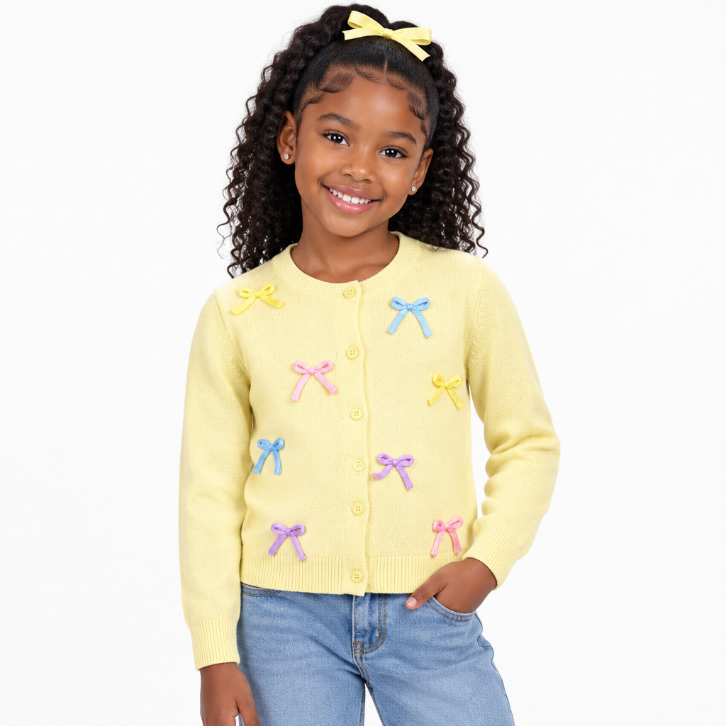 Girls’ Comfortable Sweater with Bow Details – Yellow, light blue,Pink & Lilac | Sizes 110–150