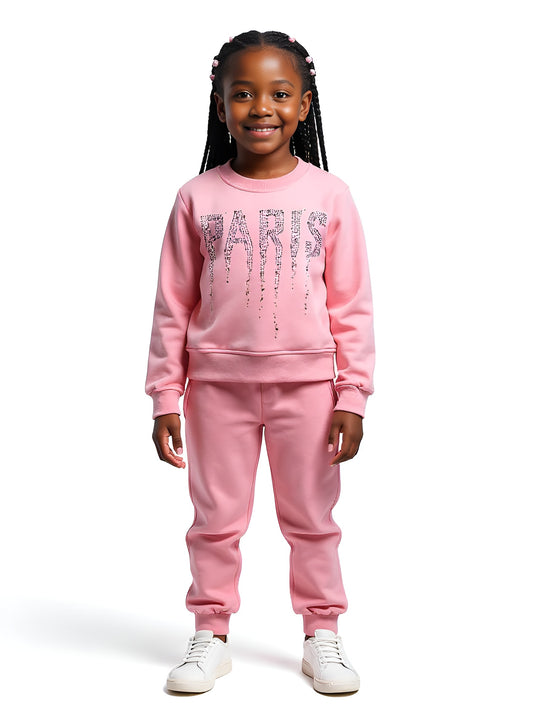Paris Girls' Tracksuit |Pink, Black & Cream | 10-12Y