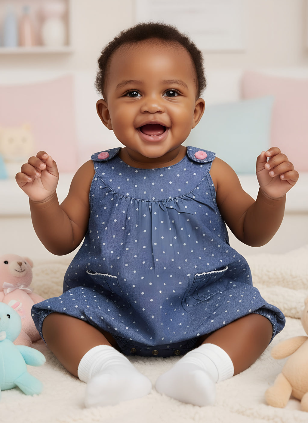 Dark Blue Polka Girls Bodysuit Shirt | 100% Soft Cotton | Sizes 9–18m