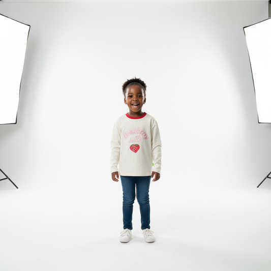 Strawberry Milk Long-Sleeved Girls Shirt | Ages: 3-8yrs | 100% Cotton