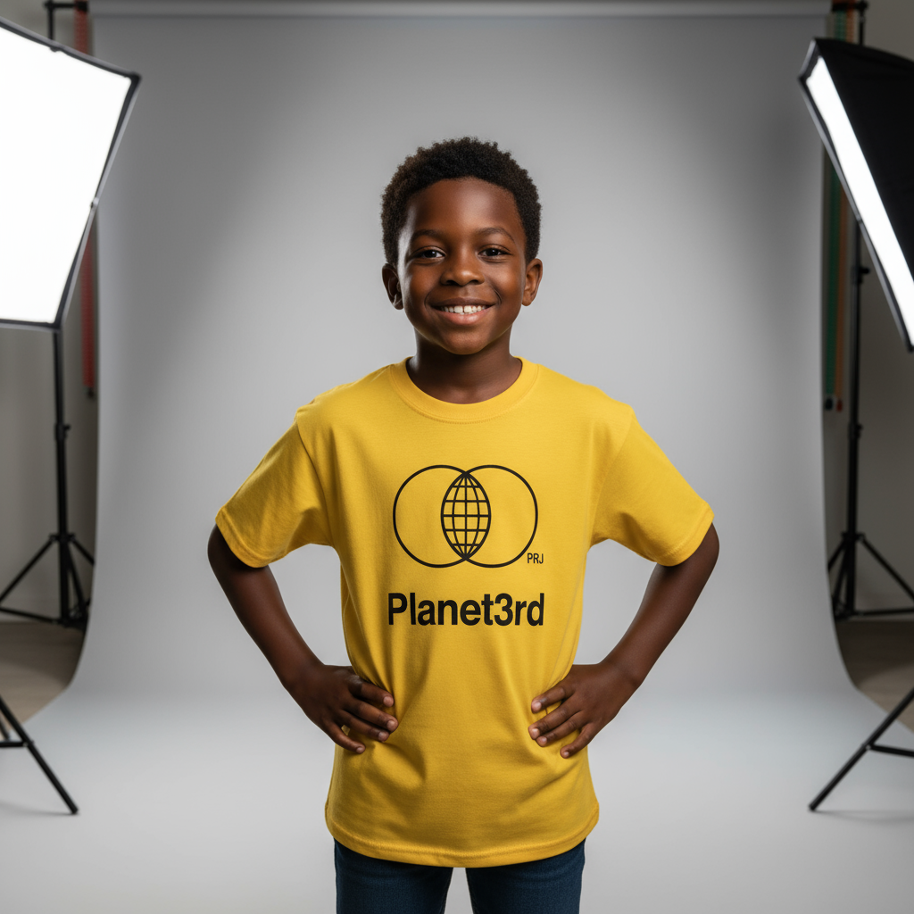 A yellow t-shirt with a black and yellow planet3rd logo print on the front.