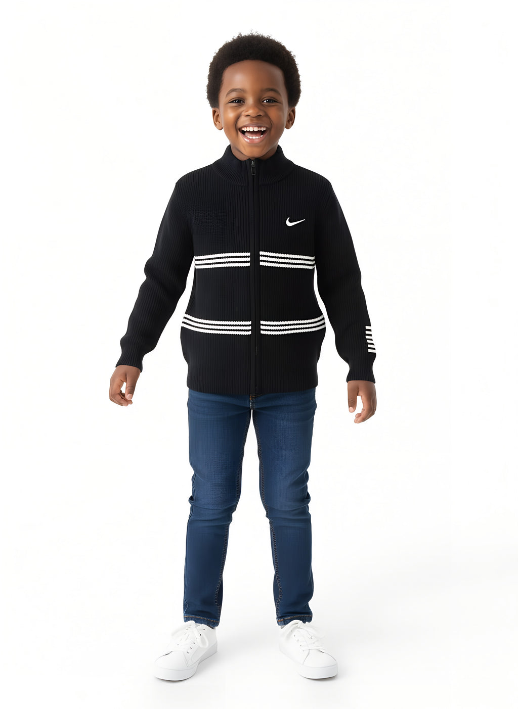 High Quality Boys’ Knitted Nike Sweaters with White Stripes | Sizes 150–180 | Black, Grey, Brown