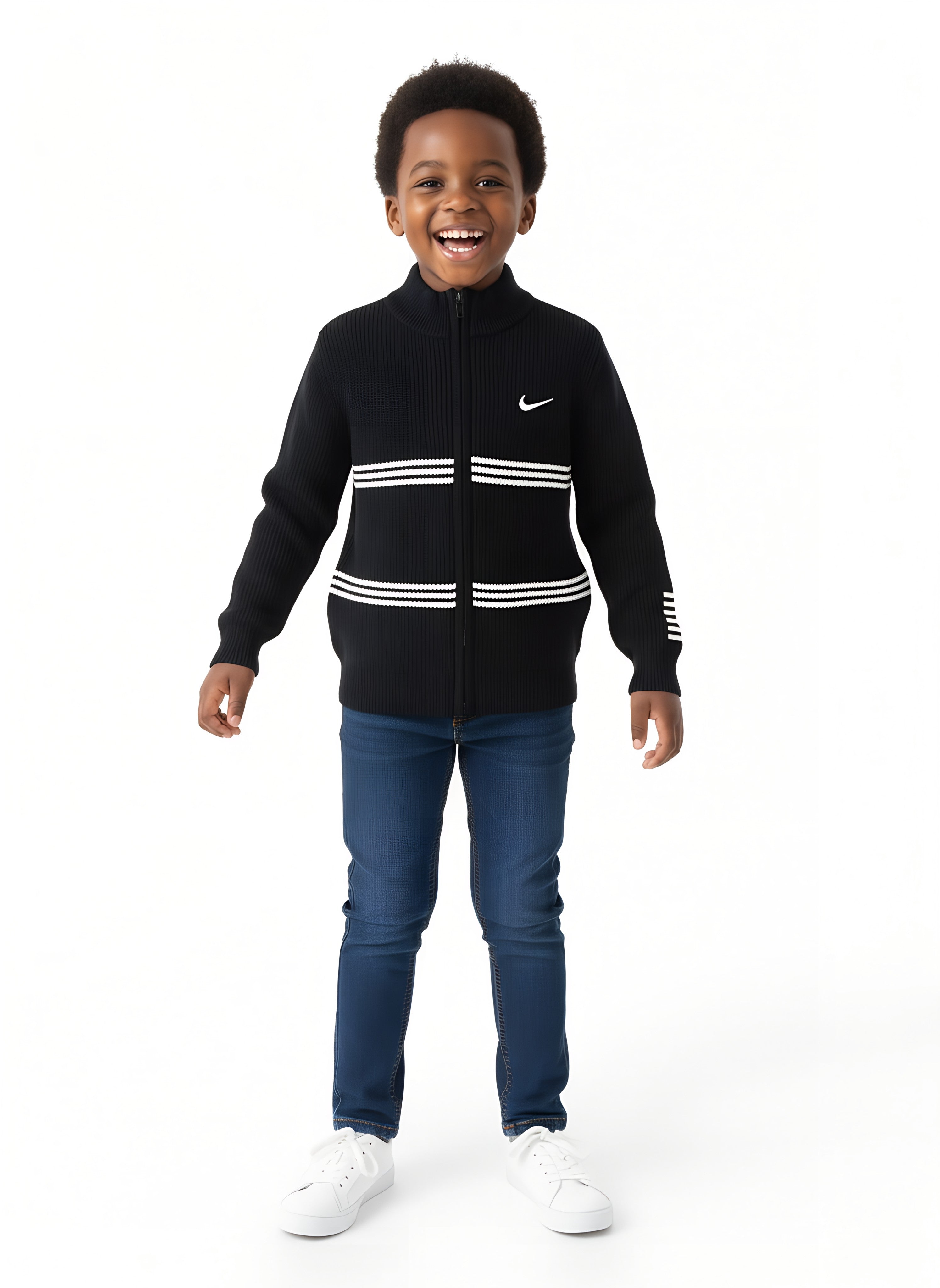 High Quality Boys’ Knitted Nike Sweaters with White Stripes | Sizes 150–180 | Black, Grey, Brown