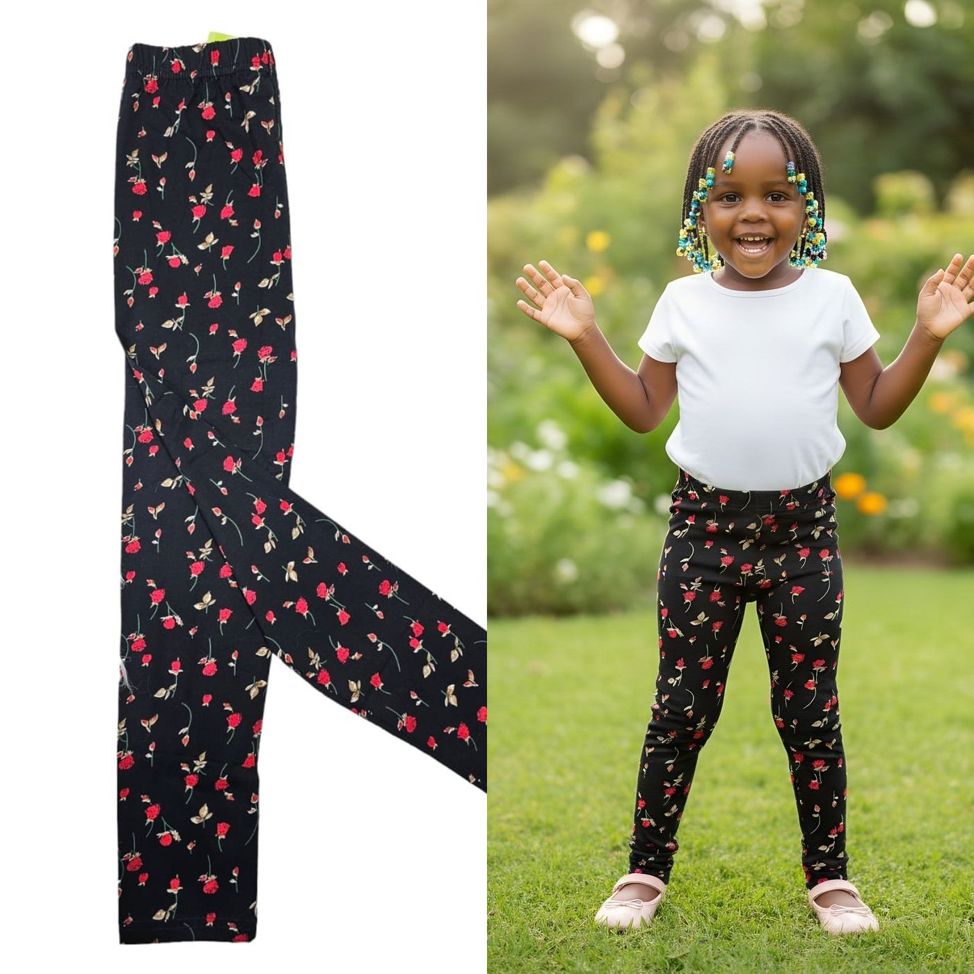 Black with Roses Girls Tights | Size 100 | Stylish & Comfortable