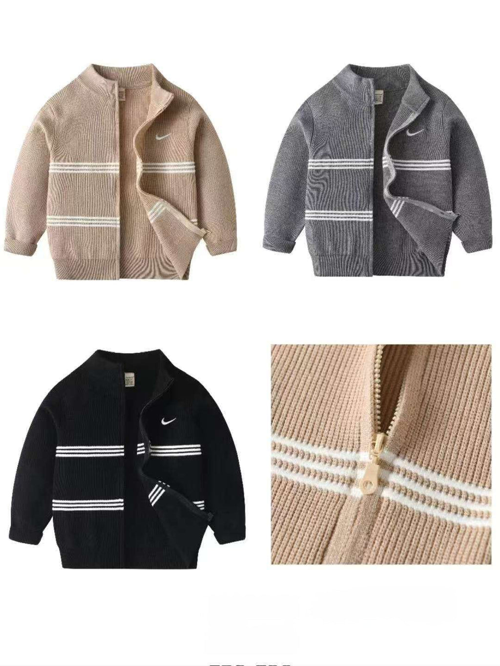 High Quality Boys’ Knitted Nike Sweaters with White Stripes | Sizes 150–180 | Black, Grey, Brown