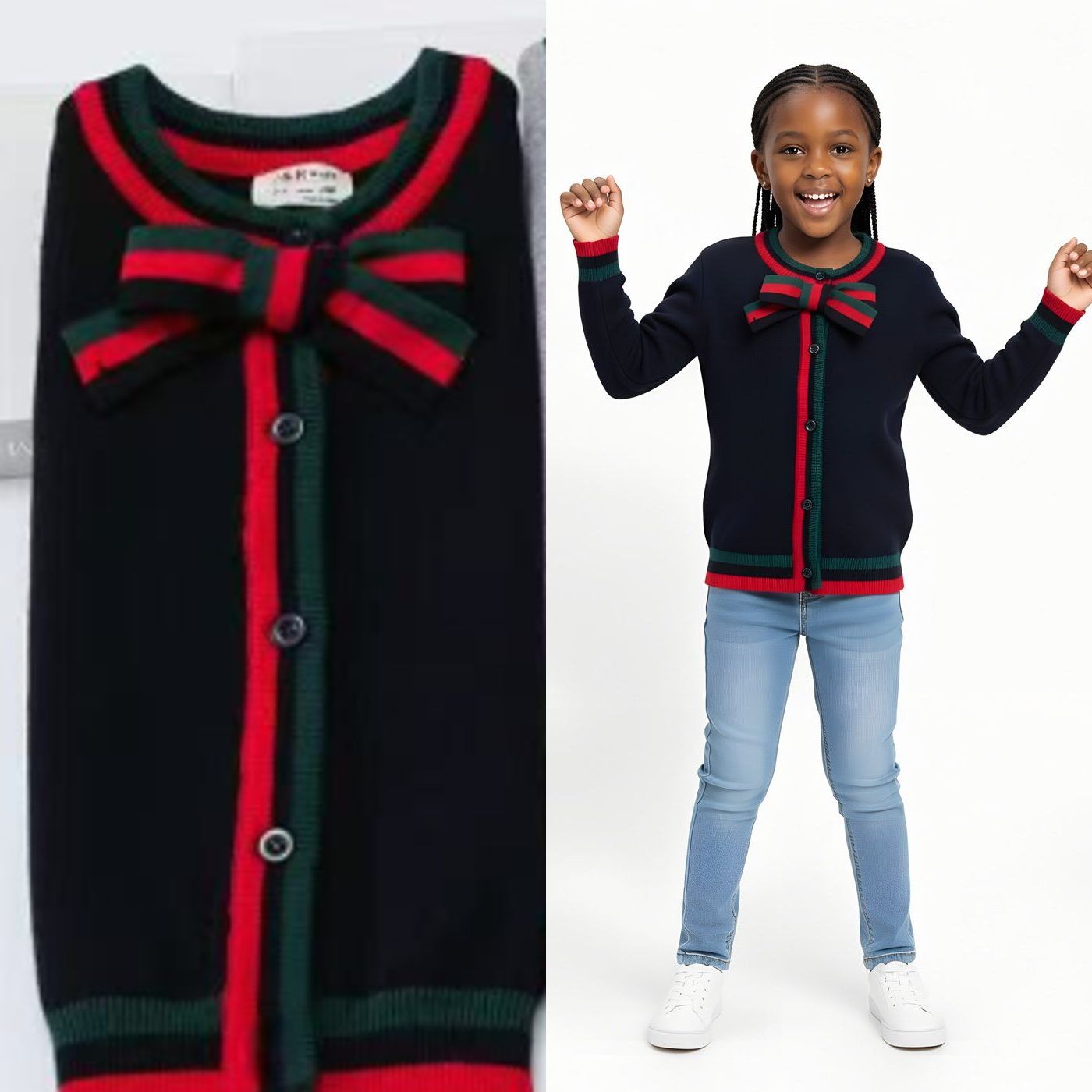 Girls’ Knitted Sweater with Bow Tie Stripes | Sizes 7–15 Years | Red, Grey & Dark Blue
