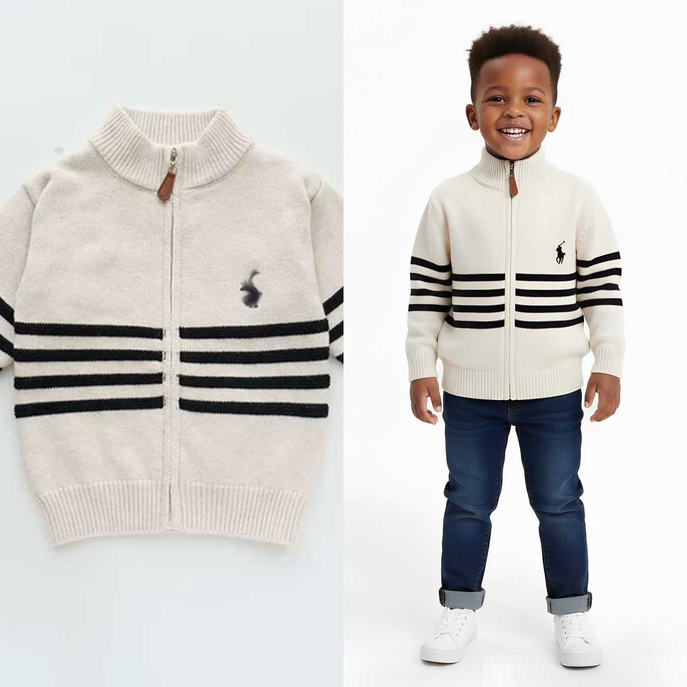 Kids High Quality Polo Sweaters with Stripes | Sizes 110–150 | Colors Red, Grey, Black, Cream, Brown