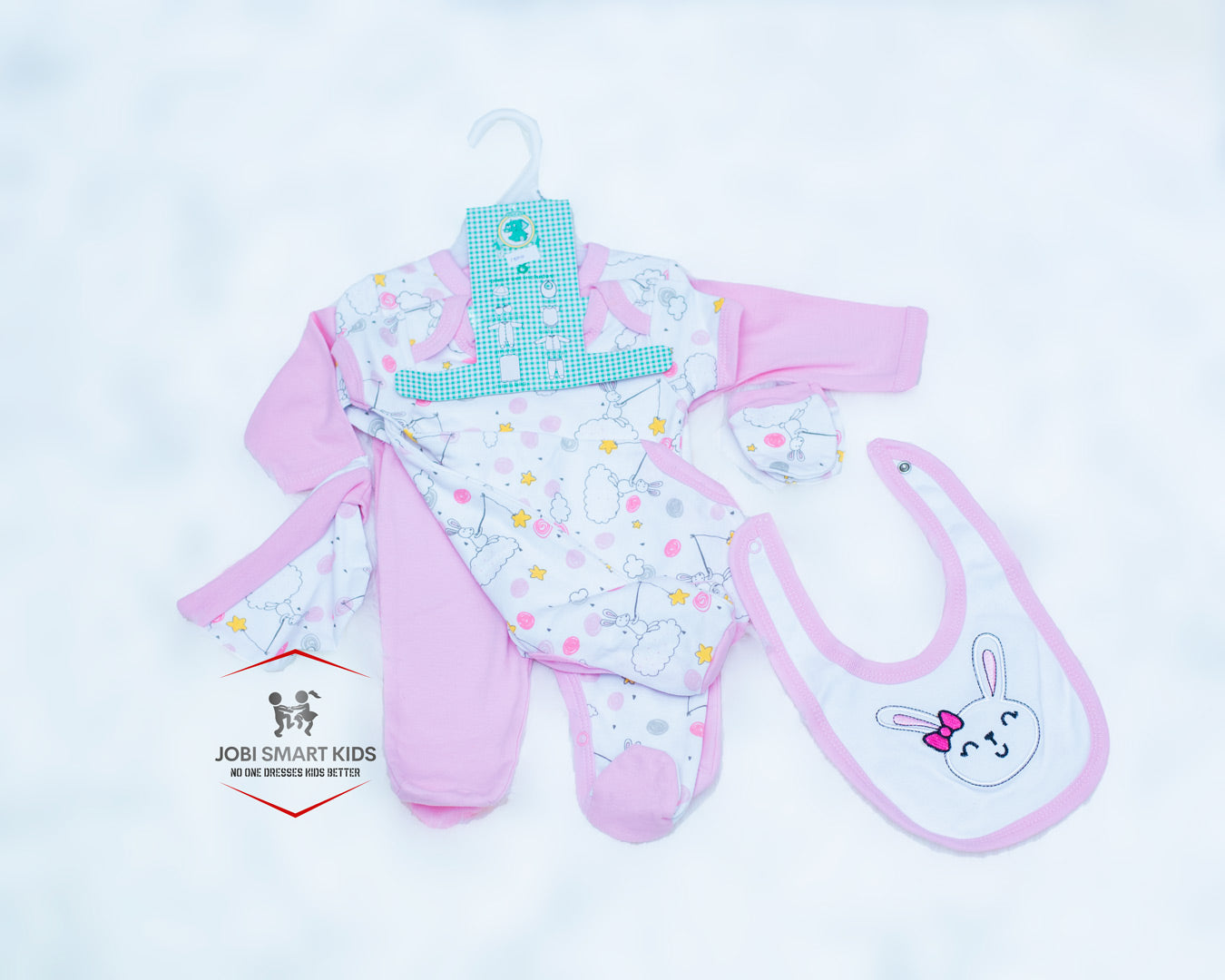 Pink bodysuit, tracksuit, mittens, hat, bib and romper set