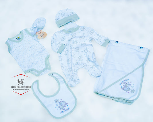 Bodysuit, blanket, mittens, hat, bib and romper set