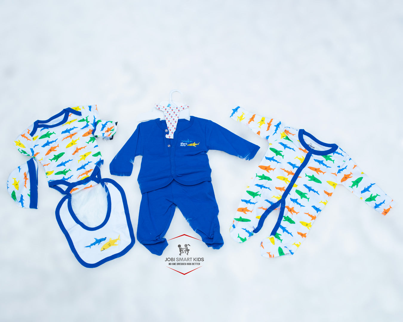 Blue bodysuit, tracksuit, mittens, hat, bib and romper set