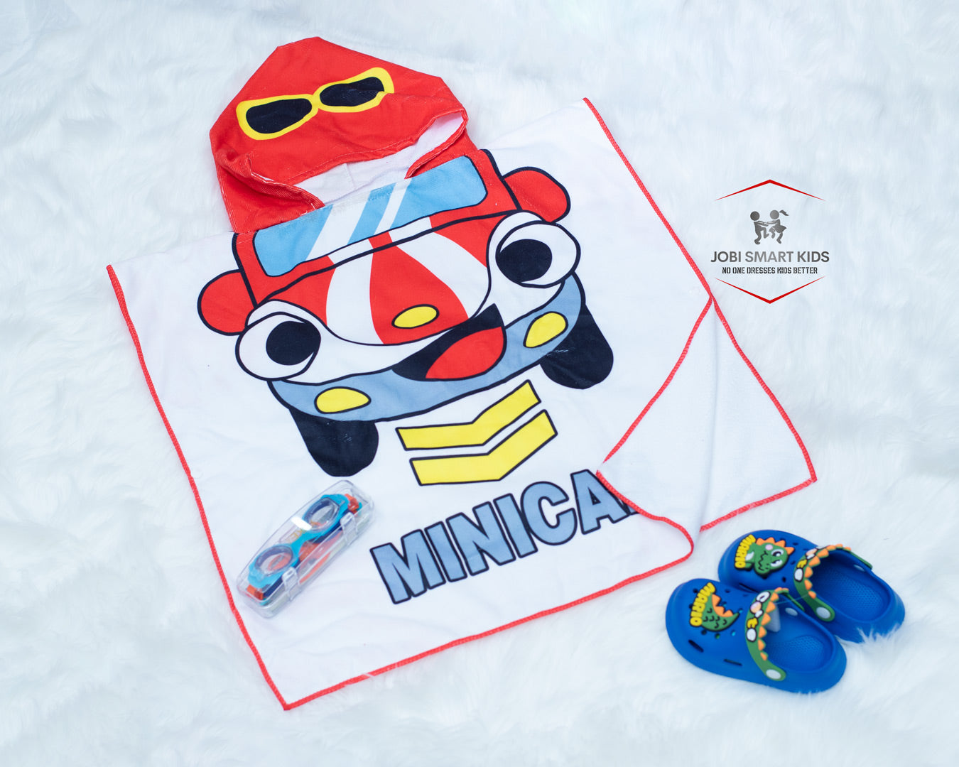 Red car kids hooded towel, blue crocs and swimming goggles