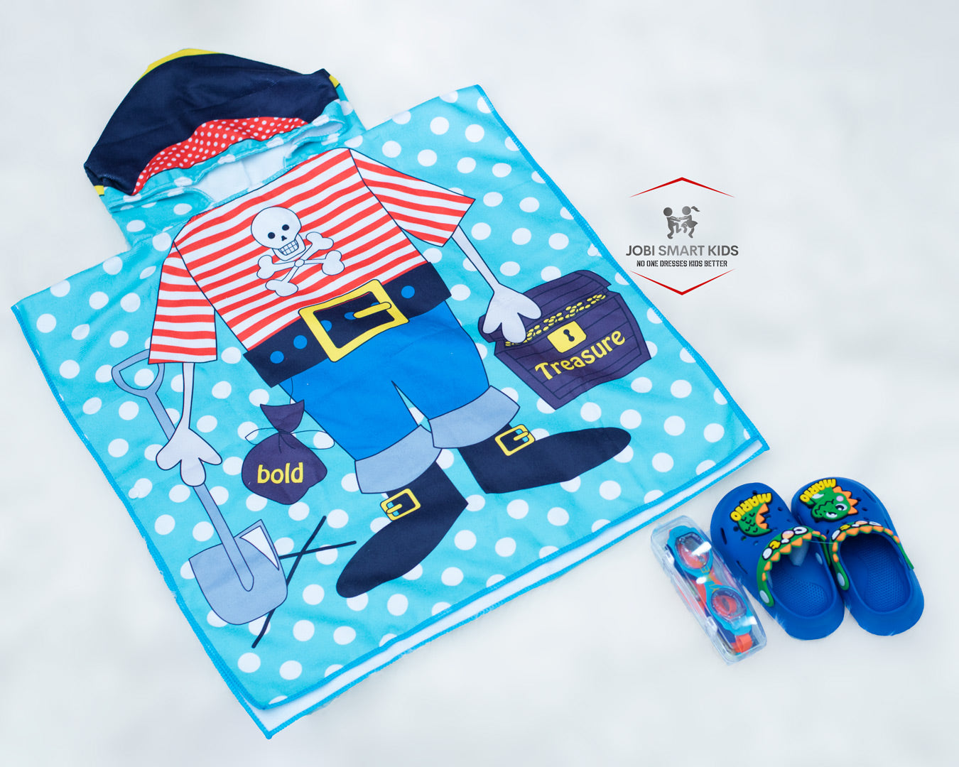 Pirate kids hooded towel, blue crocs, swimming goggles