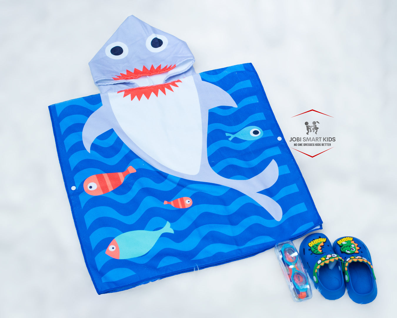 Blue shark themed kids hooded towel, blue crocs, swimming goggles