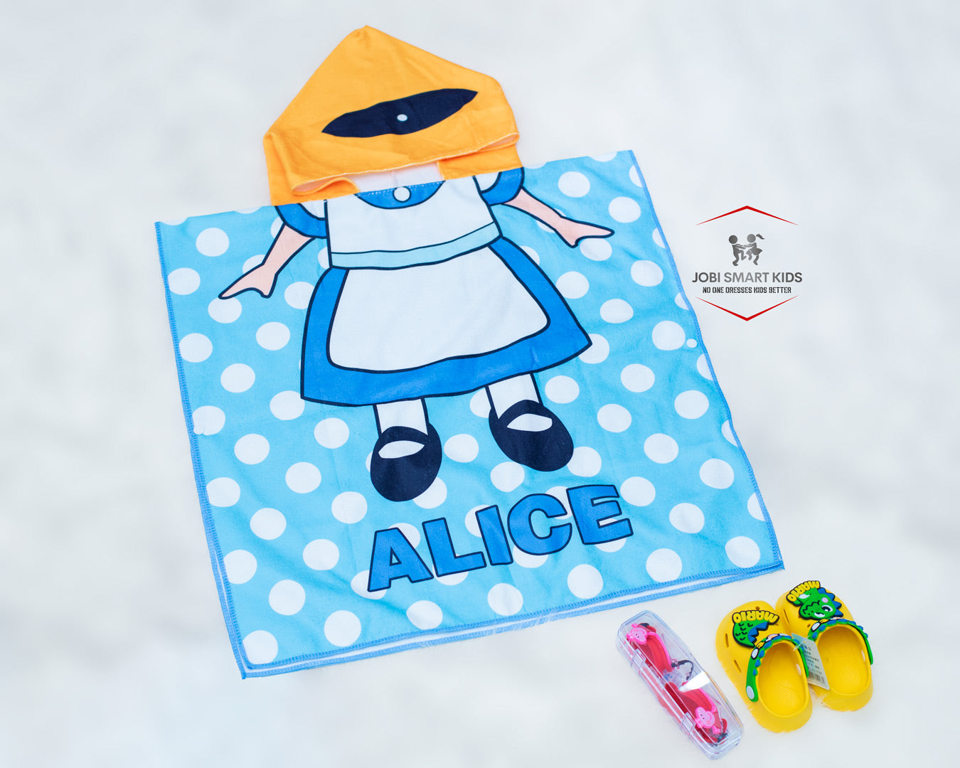Blue Alice kids hooded towel, yellow crocs and swimming goggles