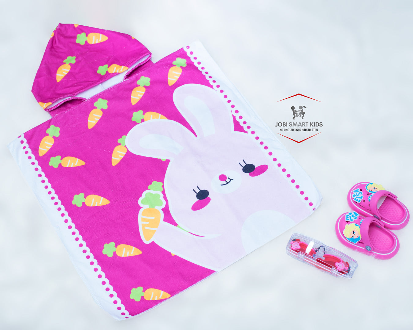 Hot pink bunny kids hooded towel, pink crocs and swimming goggles