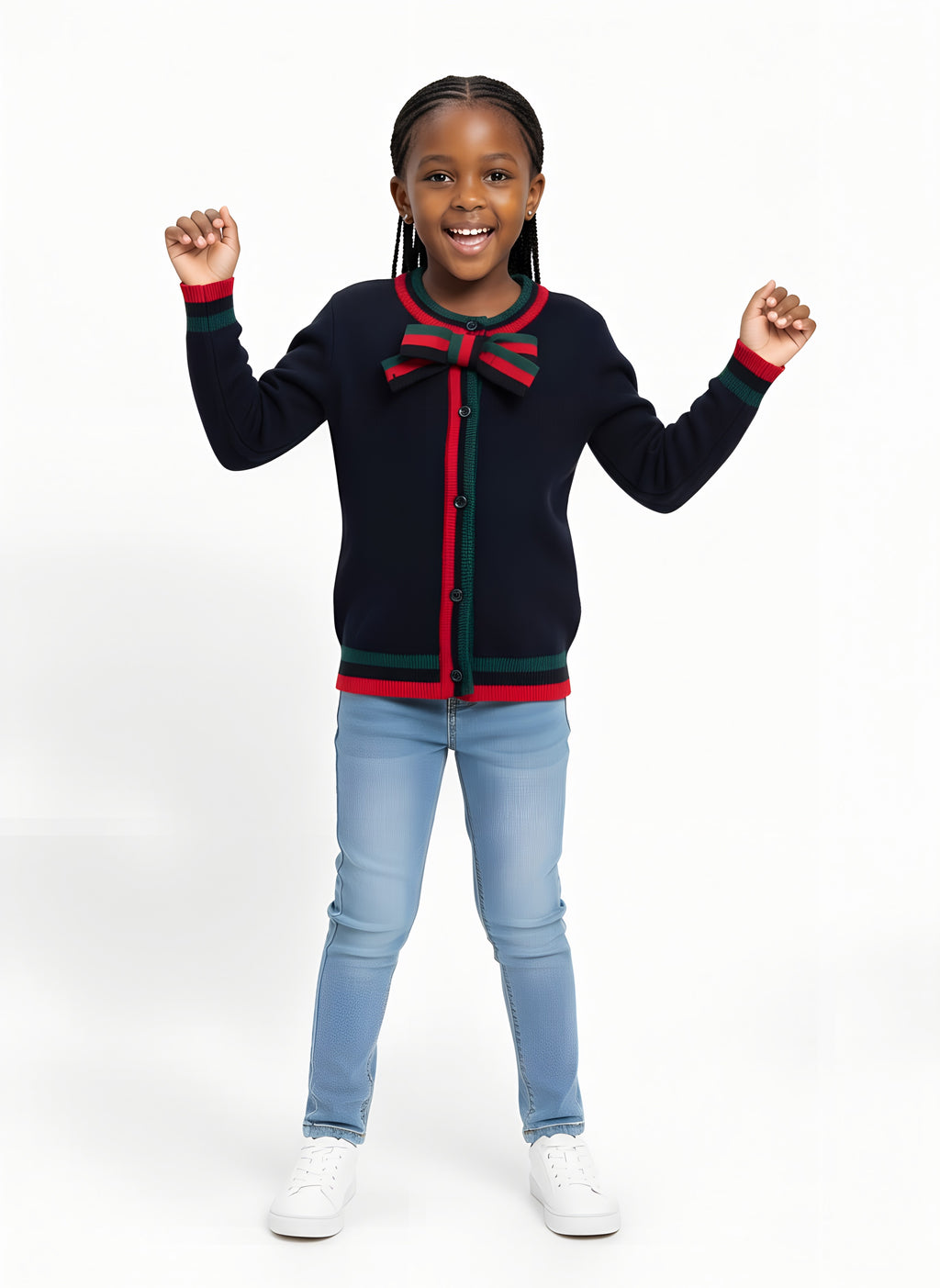 Girls’ Knitted Sweater with Bow Tie Stripes | Sizes 7–15 Years | Red, Grey & Dark Blue