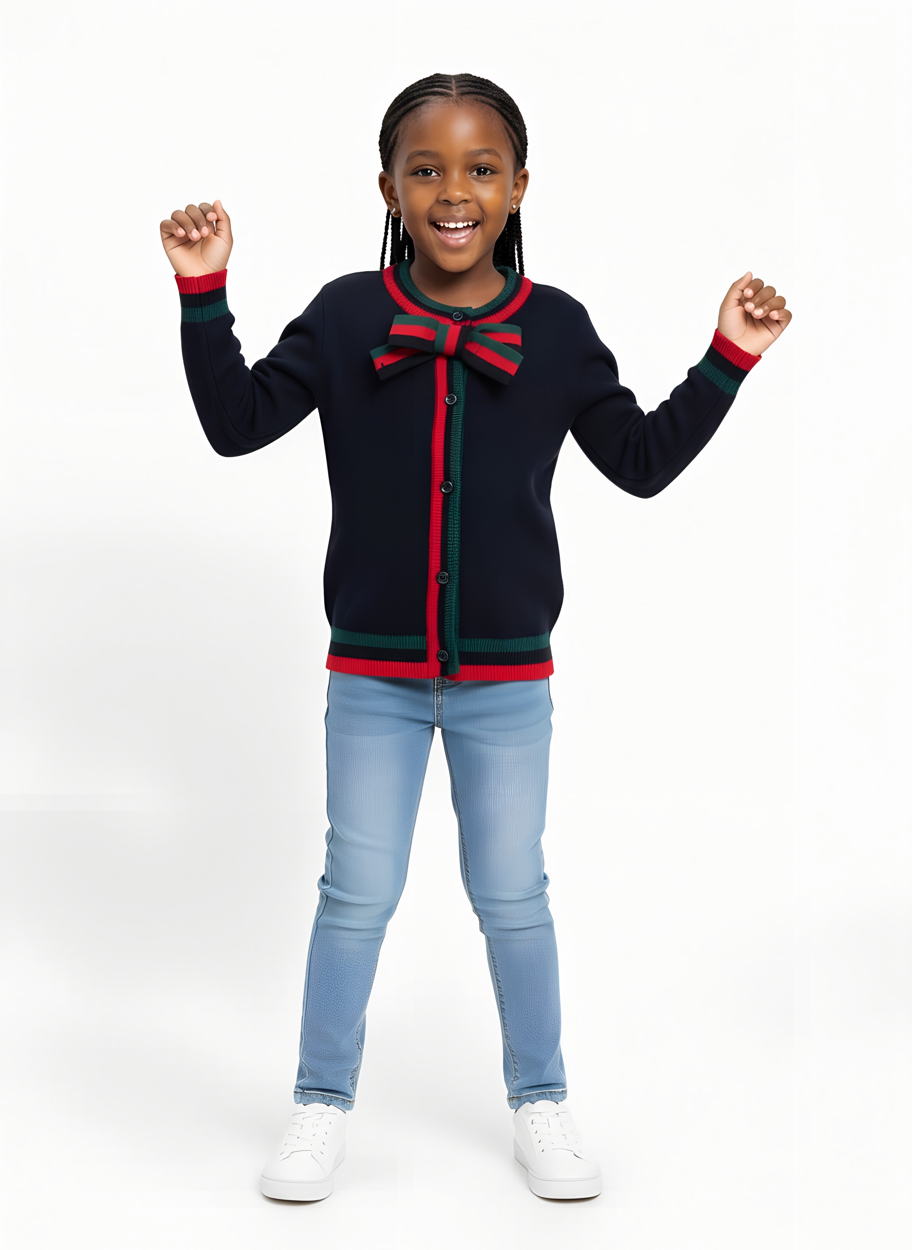 Girls’ Knitted Sweater with Bow Tie Stripes | Sizes 7–15 Years | Red, Grey & Dark Blue