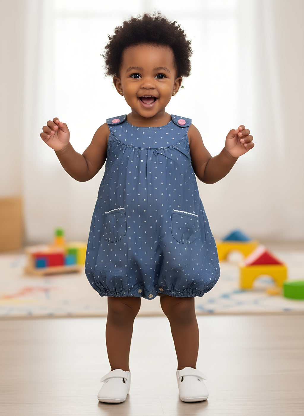 Dark Blue Polka Girls Bodysuit Shirt | 100% Soft Cotton | Sizes 9–18m