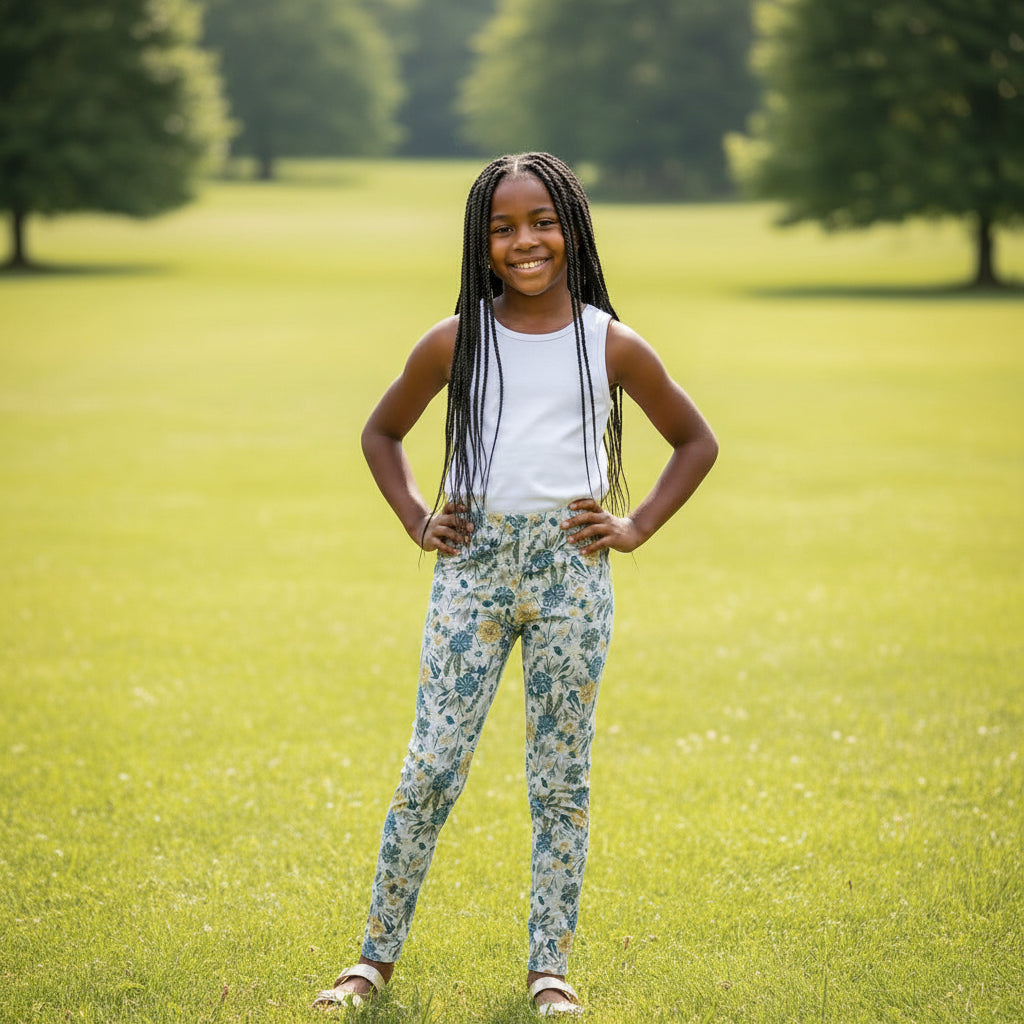 Floral-patterned pants on a textured surface with a Hello Kitty toy and color swatch.