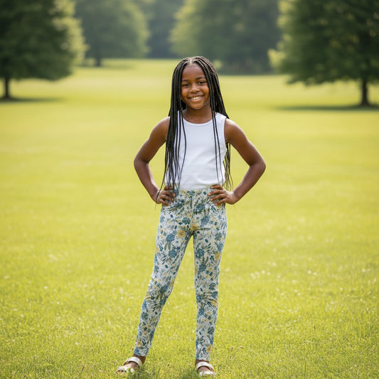 Floral-patterned pants on a textured surface with a Hello Kitty toy and color swatch.