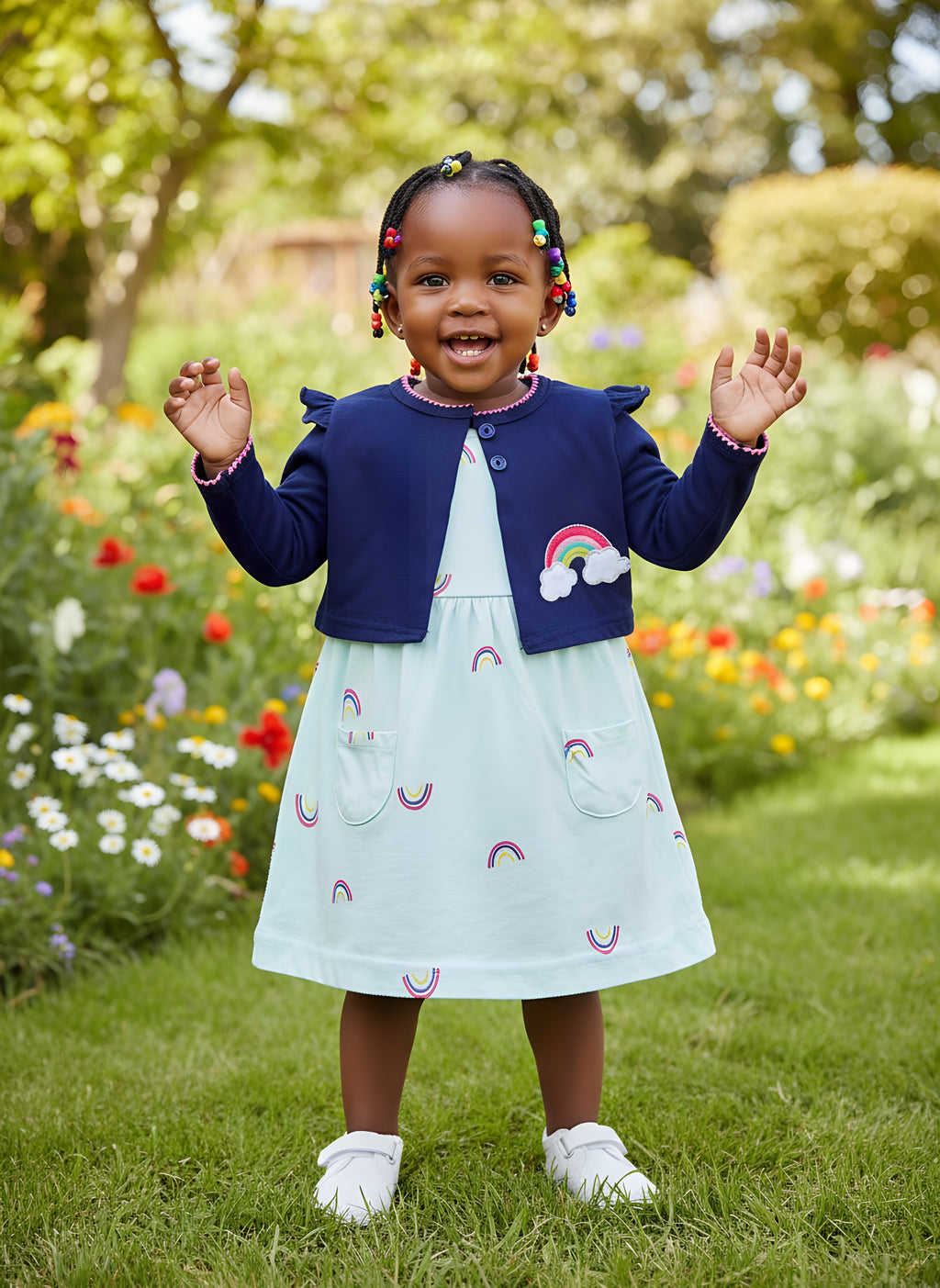 Premium Green Rainbow Baby Dress | Soft Cotton | Sizes 6–24m