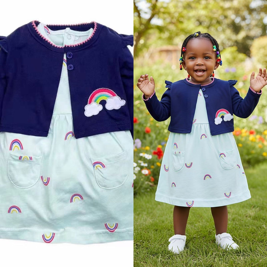 Premium Green Rainbow Baby Dress | Soft Cotton | Sizes 6–24m