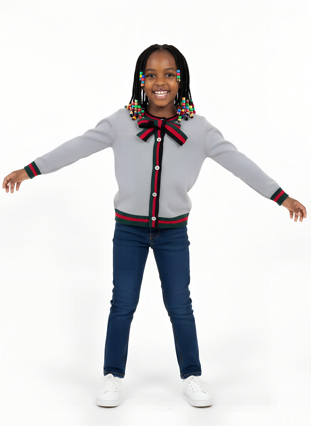 Girls’ Knitted Sweater with Bow Tie Stripes | Sizes 7–15 Years | Red, Grey & Dark Blue