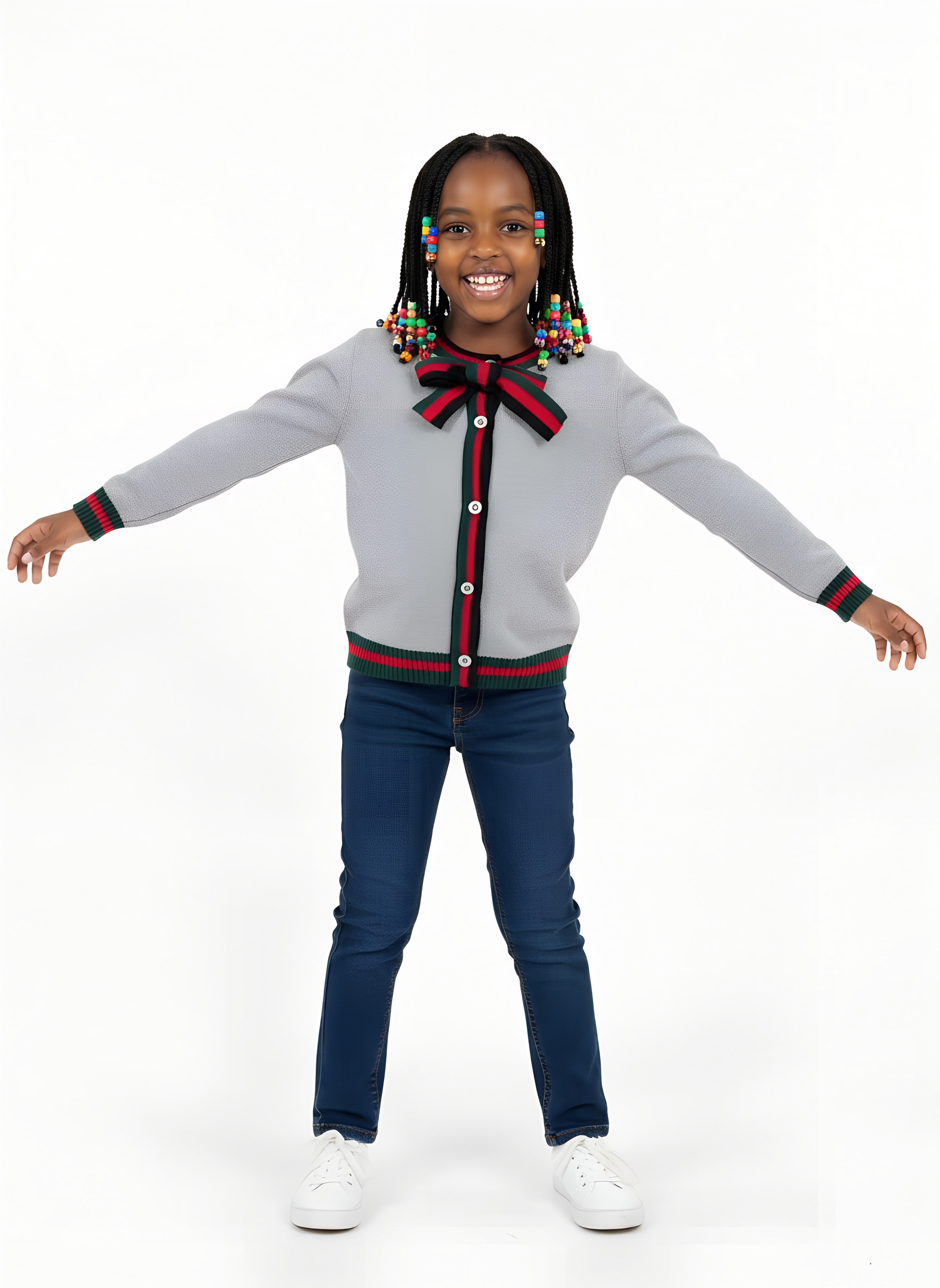 Girls’ Knitted Sweater with Bow Tie Stripes | Sizes 7–15 Years | Red, Grey & Dark Blue
