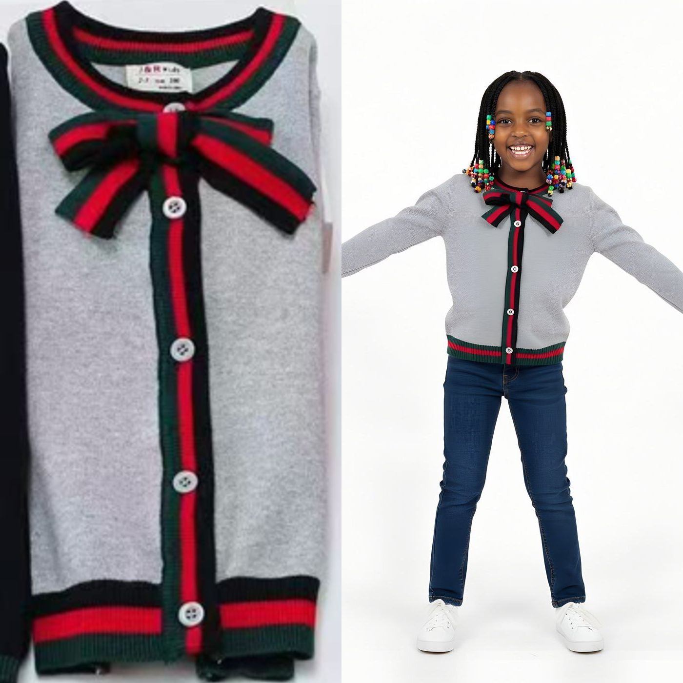 Girls’ Knitted Sweater with Bow Tie Stripes | Sizes 7–15 Years | Red, Grey & Dark Blue