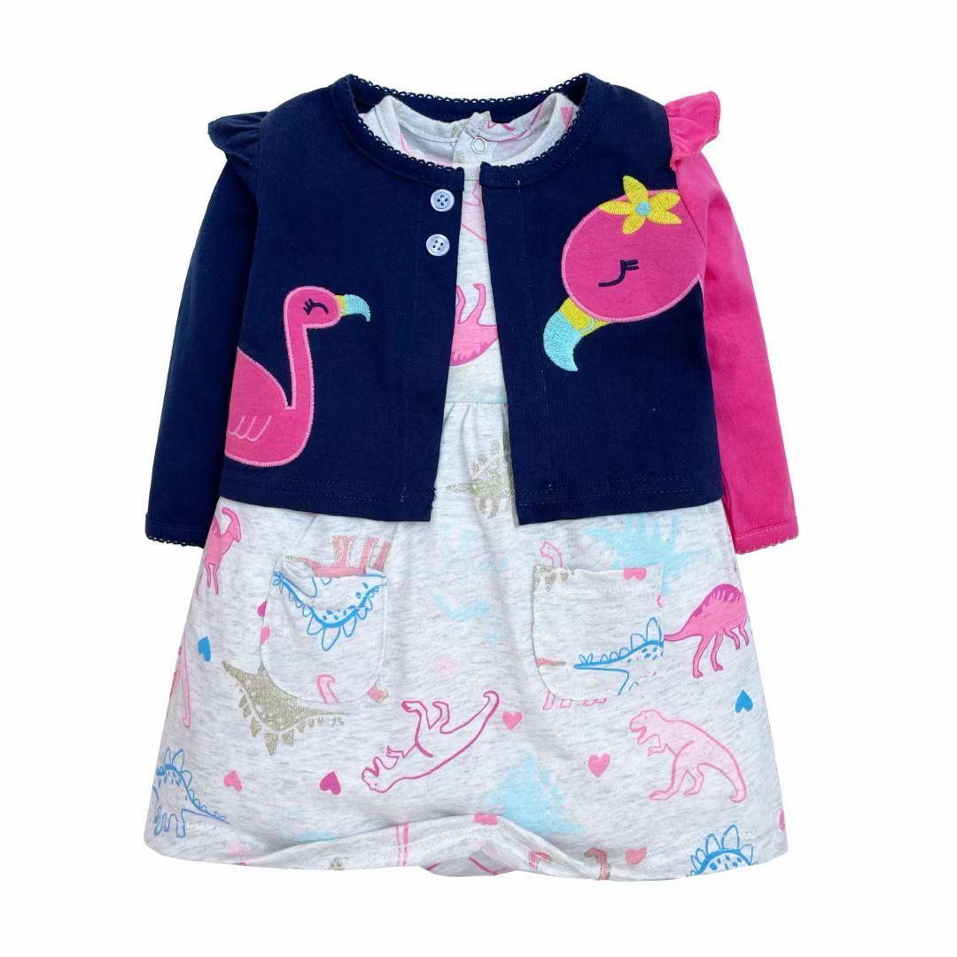 Grey and Navy Blue Flamingo Two Piece Kids Dress Set