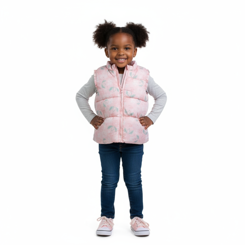 Girls’ Sleeveless Flowered Puff Jacket | Size 90 | Stylish Winter Wear