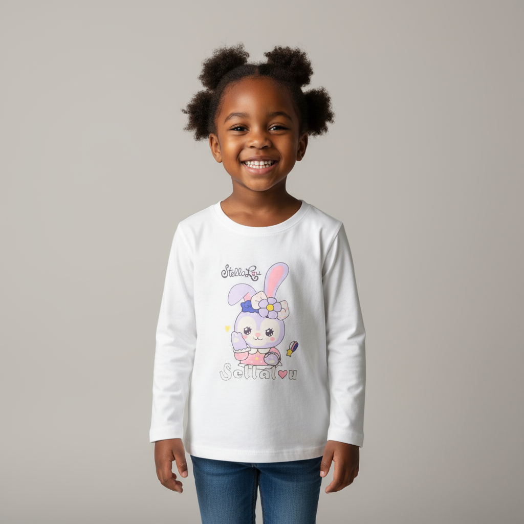 White Stella Lou Long-Sleeve Girls Shirt | Ages 3–6 | Cotton Comfort