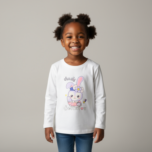 White Stella Lou Long-Sleeve Girls Shirt | Ages 3–6 | Cotton Comfort