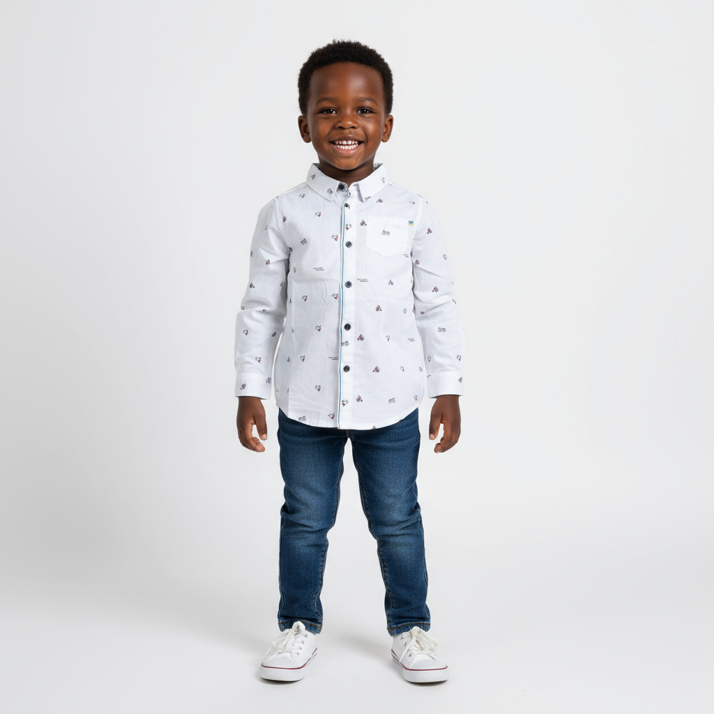 White Patterned Long Sleeve Boys Shirt | Sizes: 12 Months – 6 Years | Stylish & Comfortable