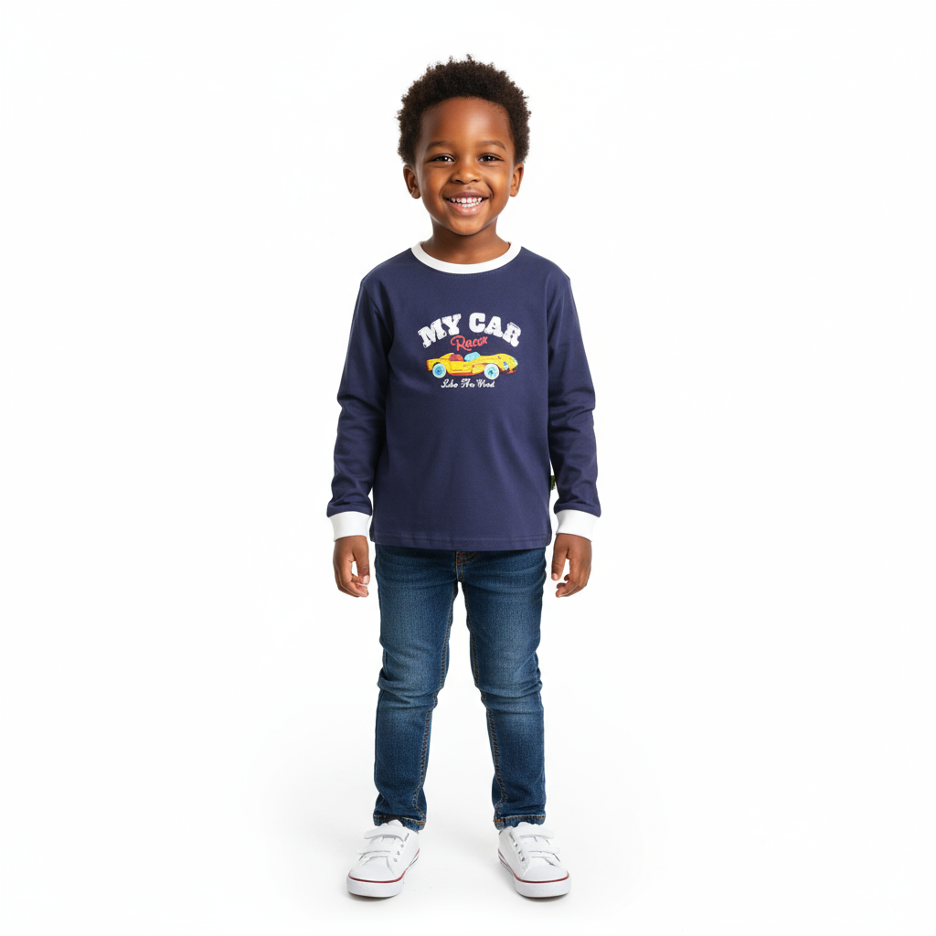 Dark Blue My Car Long Sleeve Boys T-Shirt | Ages 5–8 (120–140) | Comfortable & Fun