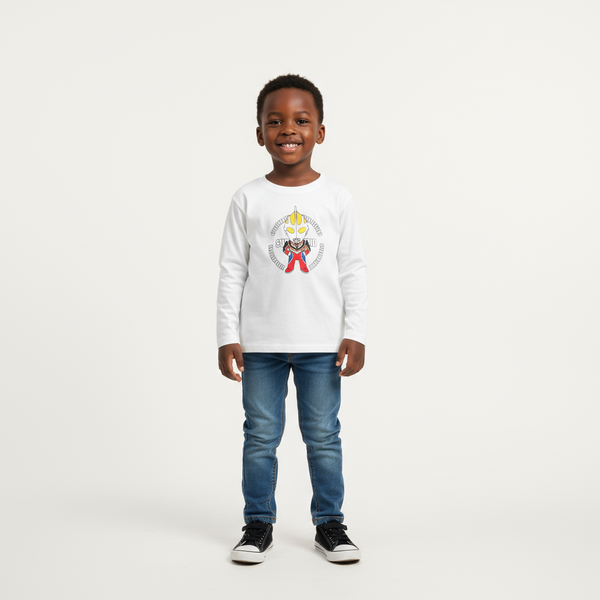 Boys White Long Sleeve Ultraman T-Shirt | Ages 3–8 (100–140) | Comfortable & Fun