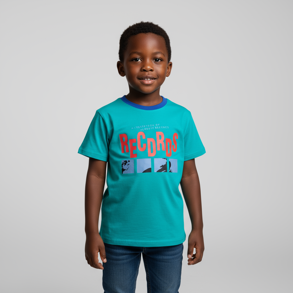 Green Short-Sleeved Records T-Shirt | Sizes 5–8 yrs | Comfortable Cotton