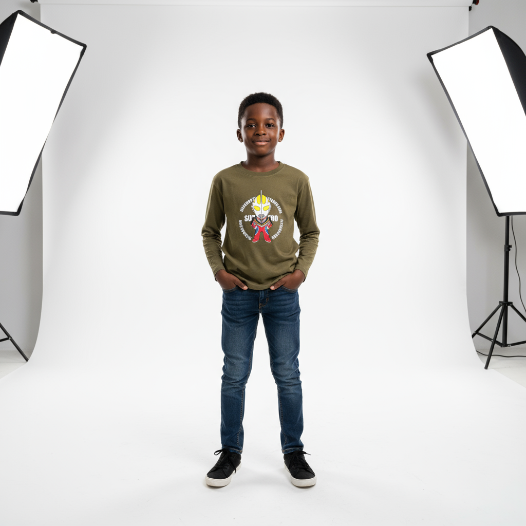 Olive Green Ultraman Boys Long Sleeve T-Shirt | Ages 5–8 (120–140) | Cotton Comfort
