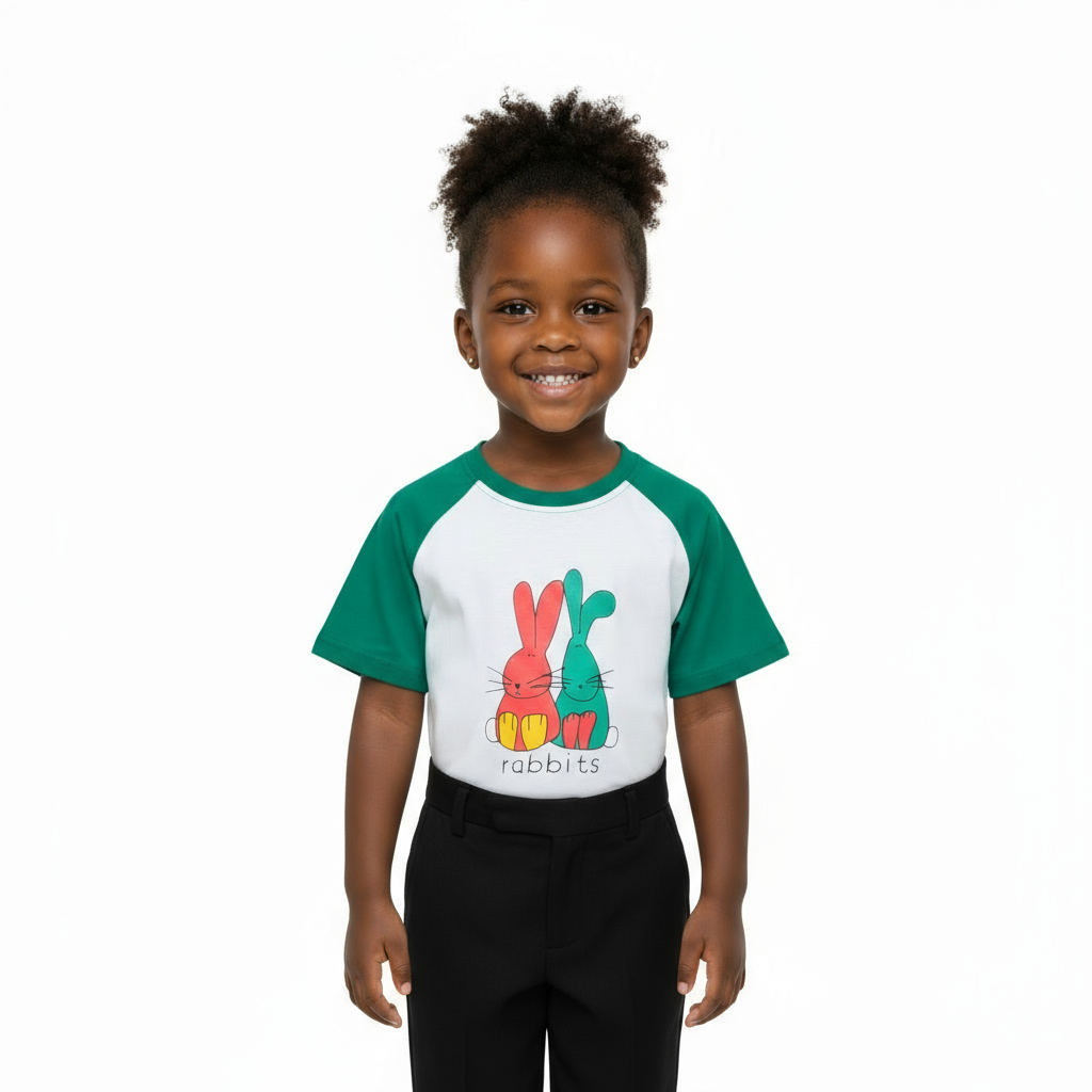 White and Green Rabbit Girls T-Shirt | Ages 3–7 | Cotton Comfort