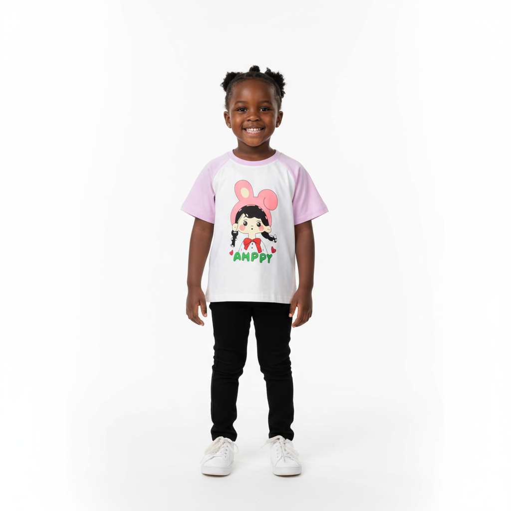 Girls Pink & White "Ahppy" T-Shirt | Ages 3–4, 4–5, 6–7 | Cute & Comfortable