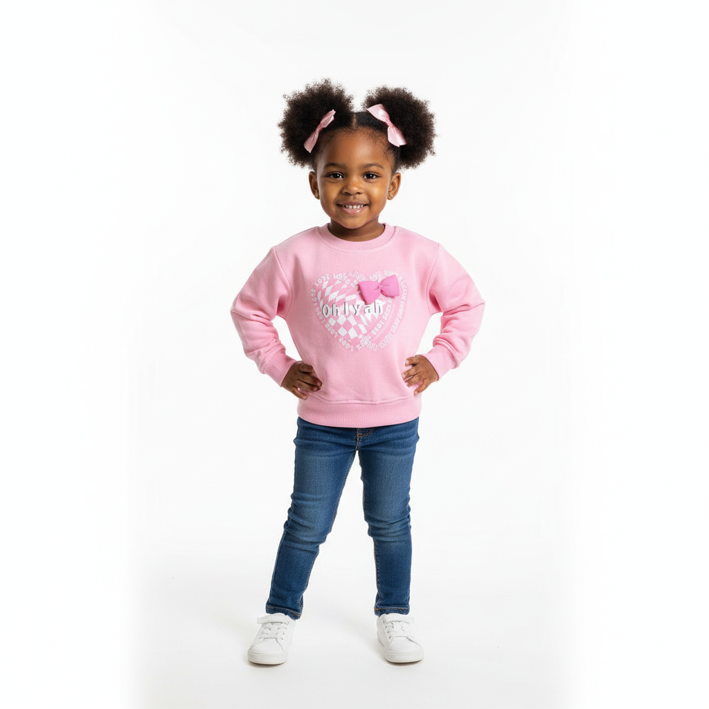 Child wearing a pink sweatshirt with text and graphics, standing on a white background