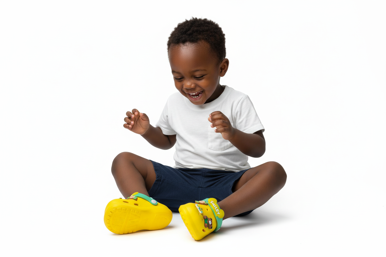 Smiley Hello Bear Crocs for Kids | Yellow & Blue | Sizes: 120–190