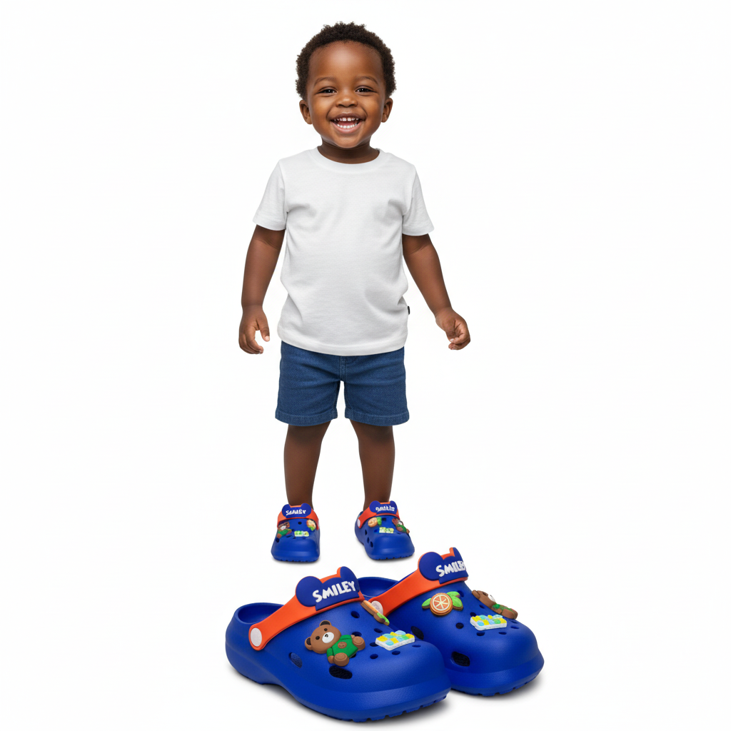 Smiley Hello Bear Crocs for Kids | Yellow & Blue | Sizes: 120–190