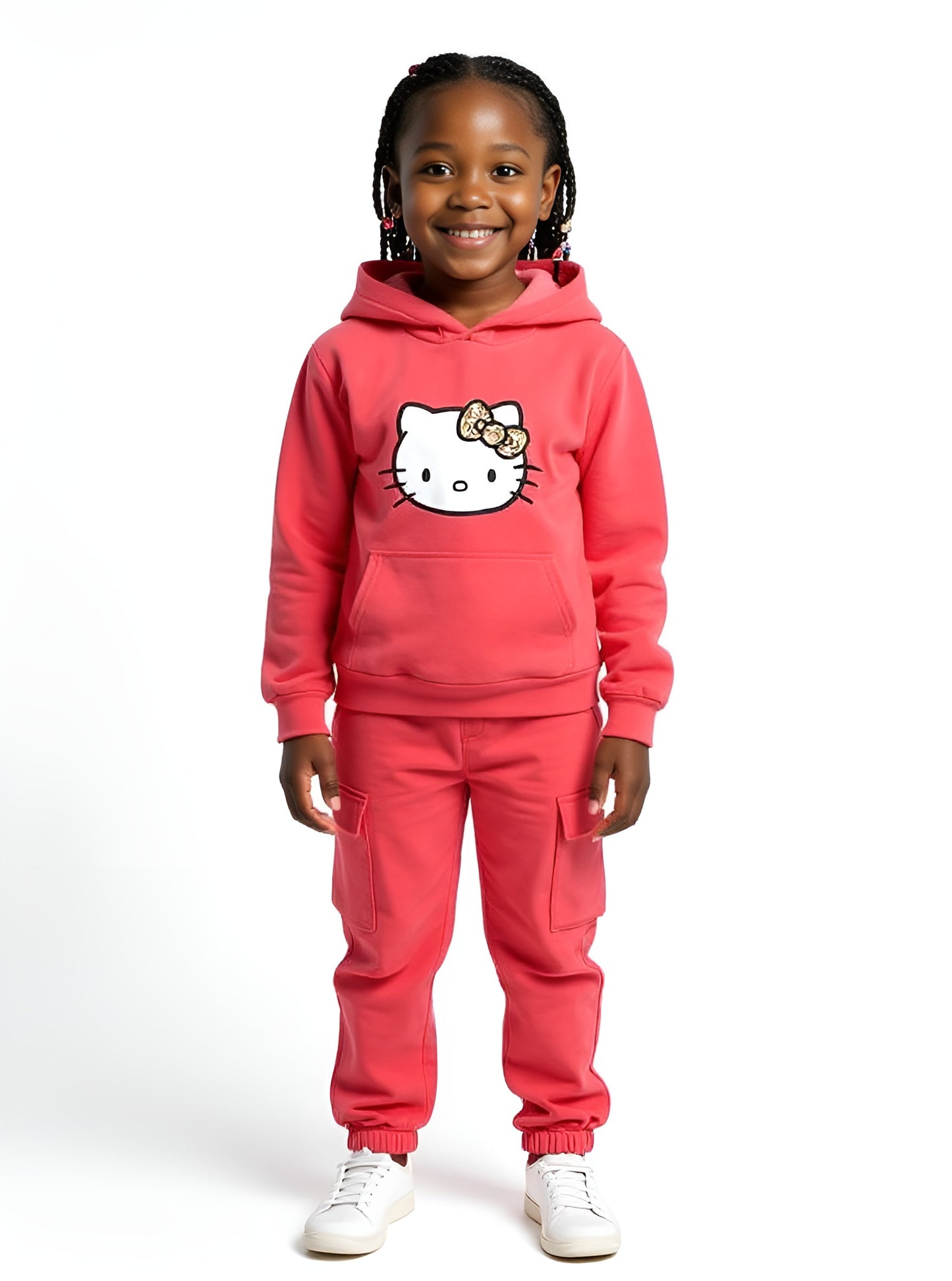 Child wearing a pink Hello Kitty hoodie and pants on a white background