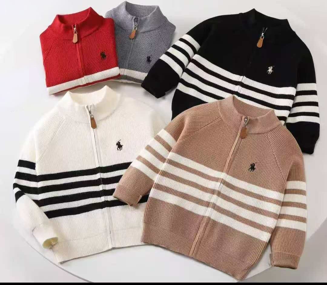 Kids High Quality Polo Sweaters with Stripes | Sizes 110–150 | Colors Red, Grey, Black, Cream, Brown
